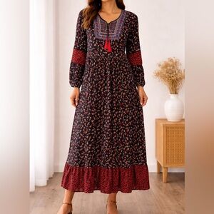 The Pyramid Collection Embroidered Floral Maxi Dress Bohemian Prairie Sz M